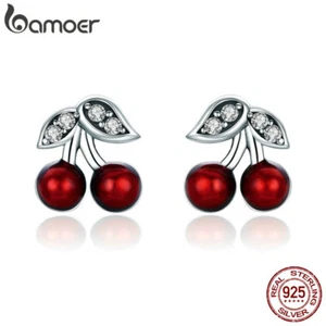 BAMOER S925 Sterling Silver Stud Earrings CZ Summer Cherry For Women Jewellry - Picture 1 of 11