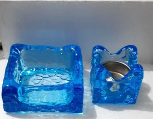 Vintage Art Glass Blue Square Glass Ashtray & Cigarette Lighter Holder Japan - Picture 1 of 11