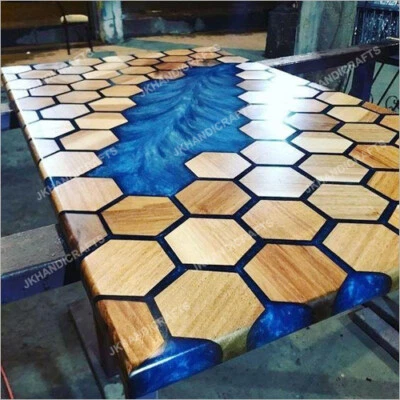 Custom Order Epoxy Resin Dining Coffee Table Top Hexagon Wood Design Home Decor - Image 1 of 4