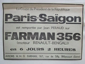 8/1934 PUB AVIONS H M D FARMAN 356 PARIS SAIGON JEAN PERAUD MOTEUR RENAULT AD - Bild 1 von 2