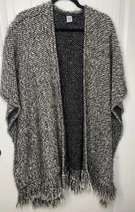 Bryn Walker Tweed Eyelash Wrap Fringed Poncho Virgin Wool Blend Size Large - Picture 1 of 9