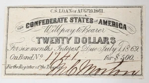1861 CSA Confederate States of America $20 Dollar Civil War Bond Coupon Receipt - Picture 1 of 2