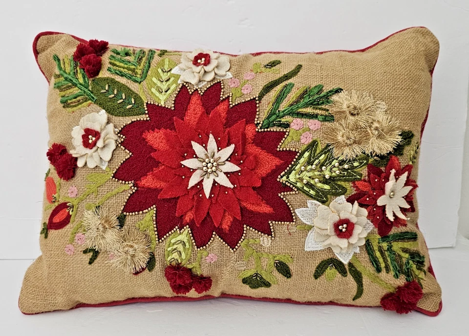 Vintage Christmas  Poinsettia 3-D Embroidered Burlap Accent Zip Pillow 21" X 15" - Image 1 of 4