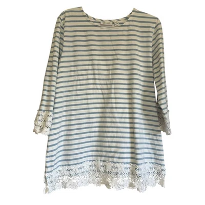 Top Denim & Co. a Rayas Crochet Manga 3/4 XL Azul Blanco Cottagecore  Foto 1 de 4