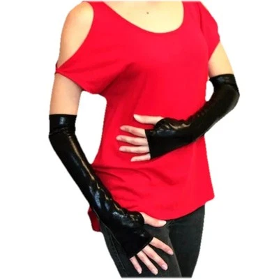 Black Shiny Fingerless Gloves PVC Long Latex Vinyl Wetlook Costume Wet Look Goth - Image 1 of 2