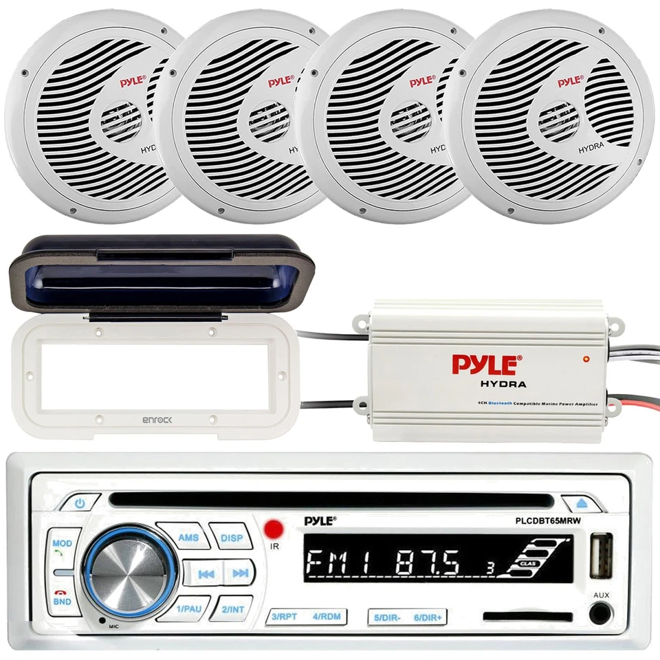 Pyle Bluetooth CD Marine Stereo + Cover, 4x 6.5" Speakers, 4-Channel Amplifier