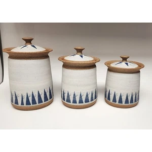 Hand Thrown Sand/Clay Pottery Textured Canister 3PC Set Color Multi White/Blue - Picture 1 of 16
