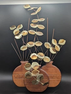 Vtg MCM Copper Brass Leaves Sculpture Wall Art Wood Vase BOHO Curtis Jere Style - Picture 1 of 3