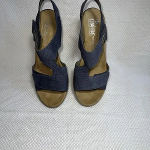 Rieker Regina Blue Denim Espadrille Wedge Sandals Women’s 38 US 7.5–8 Leather - Picture 1 of 14