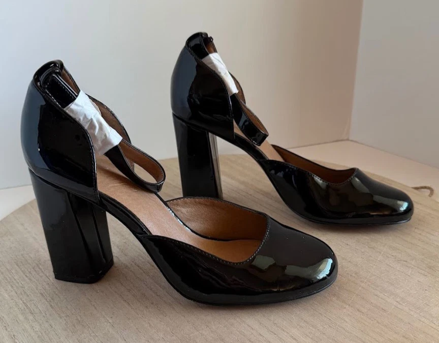 Sapatos femininos Elyse preto couro envernizado aparência salto bloco tamanho 8,5M - Imagem 1 de 4