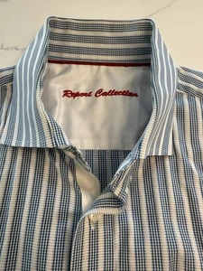 REPORT Collection Long Sleeve Men's Dress Shirt Blue Striped Size Large Cotton - Picture 1 of 9