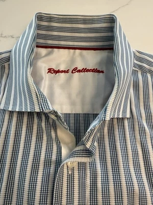 REPORT Collection Long Sleeve Men's Dress Shirt Blue Striped Size Large Cotton - Image 1 of 4
