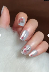 Beautiful Gel Shine, Iridescent White Nails with Pink Roses Short - Picture 1 of 2