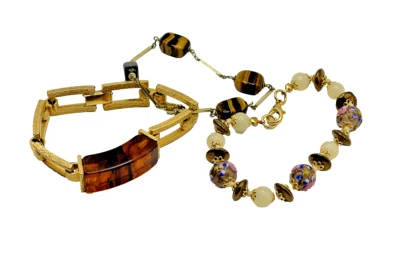 Juego de 3 pulseras florales con cuentas/ojo de tigre simulado chapado en oro de 8" Foto 1 de 2