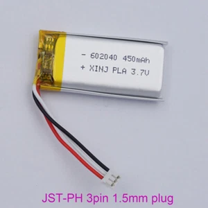 Batteria ricaricabile Li 3.7V 450mAh 1.66Wh 602040 Li-ion JST-SH 3Pin spina 1.5mm - Foto 1 di 4
