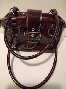 Donald J. Pliner Sm Patent Brown Leather Double Handles Striped Interior Handbag - Picture 1 of 10
