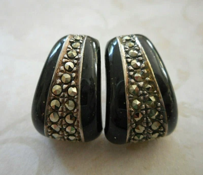 Pendientes de plata de ley de resina negra con destellos de marcasita E24-9 Foto 1 de 4