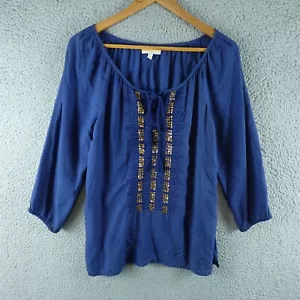 Ruby Yaya Womens Top Small Blue Tie Neck Gold Sequin Long Sleeve Boho Festival - Picture 1 of 7