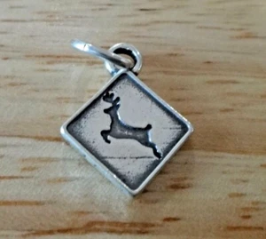 Sterling Silver 16x13mm Driver Road Deer Crossing Sign Charm - Picture 1 of 3
