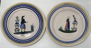 Vintage Henriot Quimper France Plate Set Breton Man Woman Faience 9.25" Painted - Picture 1 of 14