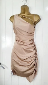 ASOS size 12 Bronze Satin Ruched Asymmetric Strap Mini Dress Party Occasion NEW - Foto 1 di 4