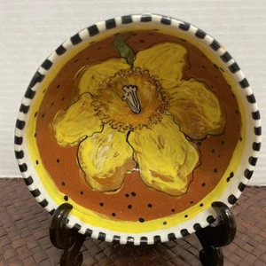 Studio Pottery Bowl Vibrant Daffodil Motif with Black & White Checks Signed L G - Picture 1 of 5