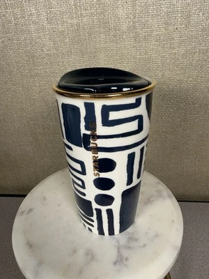 STARBUCKS 2015 12 fl oz Blue Geometric Modern Art Gold Rim Ceramic Travel Cup! - Image 1 of 4