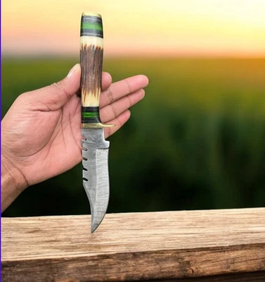 Custom Handmade Damascus Fix blade Hunting knife Stag Antler Handle Skinner - Image 1 of 4