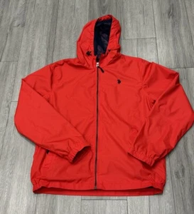 U.S. Polo Assn Mens Jacket Red Hooded Drawcord Zip Front Pockets Logo Lined Sz L - Picture 1 of 12