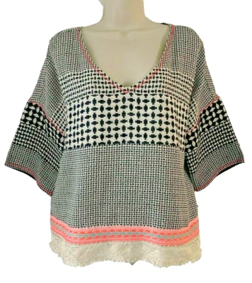 Top Pullover Gypsy 05 Mujer Talla M Negro Blanco Rosa Borde Encaje Flecos Dobladillo Boho Foto 1 de 4