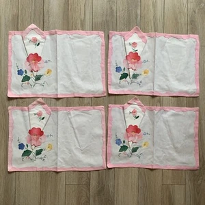 Vintage Linen Pink Floral Placemats & Napkin Set 4 Appliqué Embroidery 18 x 14” - Picture 1 of 5