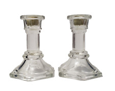 Pair of 2 Clear Glass 4"x 3" Pedestal Candlestick Holders with Hexagon Base