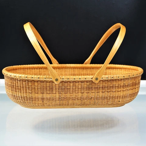 Vintage Nantucket Lightship Basket Signed Double Swivel Handle Oblong Cover