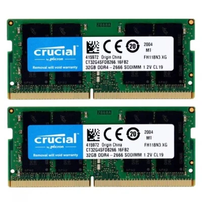 Crucial 64GB ( 2X32GB ) DDR4 2666MHz PC4-21300 SODIMM Memory Ram CT32G4SFD8266 - Image 1 of 4