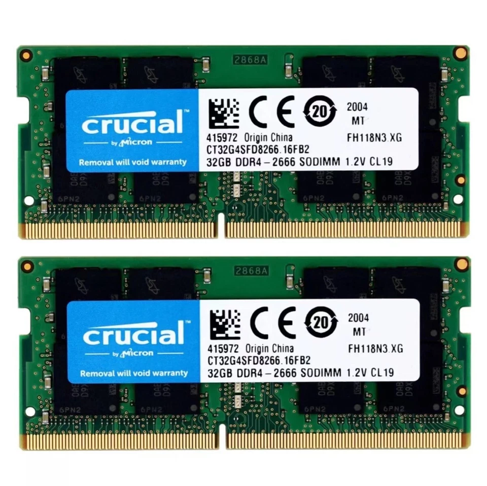 Crucial 64GB ( 2X32GB ) DDR4 2666MHz PC4-21300 SODIMM Memory Ram CT32G4SFD8266 - Image 1 of 4