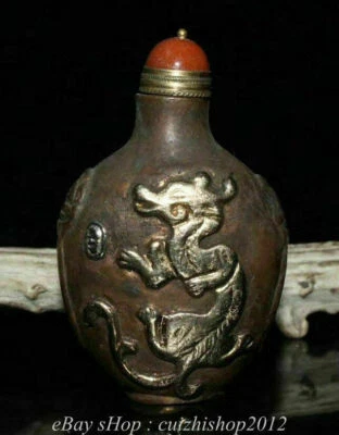 Antigua China Púrpura Bronce Dorado Dragón Bestia Botella Tabaco Olla Tarro Estatua Foto 1 de 4