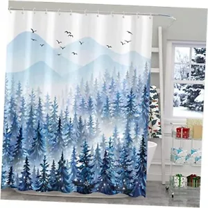 Accnicc Christmas Shower Curtain Set Winter Misty Forest 72'' × 72'' Ice Blue - Picture 1 of 8