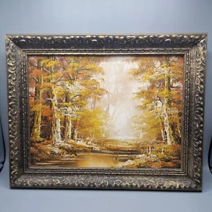 VTG Richard Schiller Autumn Forest Landscape Oil Painting Trees Stream Framed - Picture 1 of 15