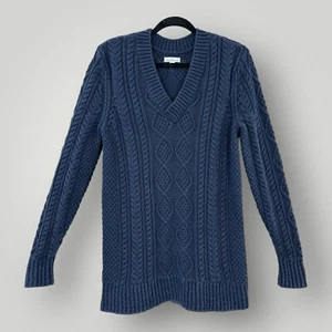 LL Bean Signature Sweater Womans Small Blue Cotton Fisherman V-Neck Cable Knit - Picture 1 of 8