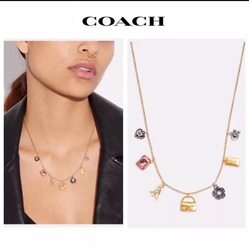 Collana Coach Mini Tabby Rexy & Iconic Charms Cristalli Zirconi Placcati Oro 12K Nuova con etichette