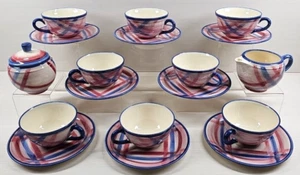 19 Pc Vernon Calico Pink Blue Plaid Cup Saucer Creamer Sugar Lid Vintage MCM Lot - Picture 1 of 24