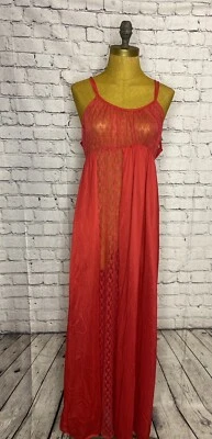 Vtg Undercover Wear Sexy Long Red Nylon & Lace Nightgown Large USA Made - Image 1 of 4