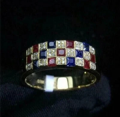 Anillo de compromiso de rubí y zafiro creado por princesa de 2 quilates enchapado en oro amarillo de 14 quilates Foto 1 de 3