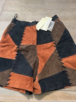 Pantalones Cortos De Colección Años 90 Margaret Godfrey 100% Cuero Gamuza Retazos Talla 14 Foto 1 de 4