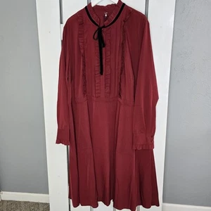 Eloquii Ruffle Mock Neck Long Sleeve Midi Red Dress Size 26 Steampunk Victorian - Picture 1 of 9