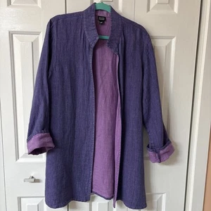 Eileen Fisher 100% Irish Linen Jacket Long Blazer M Purple Lagenlook Open Front - Picture 1 of 5