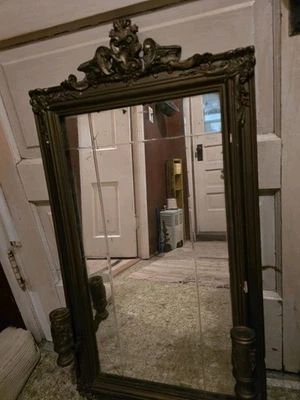 ANTIQUE 33IN TALL WOOD/GESSO SILVERED MIRROR W BUILT-IN CANDLE HOLDERS - Image 1 of 4