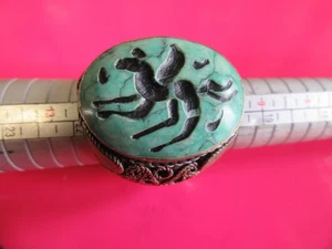 HUGE MEDIEVAL ISLAMIC SILVERED HORSE INTAGLIO STONE SEAL RING OTTOMAN/TURQUOISE - Picture 1 of 13
