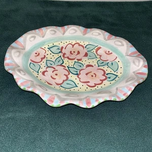 Signed Hand Painted Studio Art Pottery Red Clay Floral Dish Ruffle Edge - Picture 1 of 10