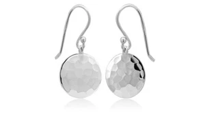 Italian Made 925 Sterling Silver Round Disc Hammered Drop Dangle Hook Earrings - Picture 1 of 3